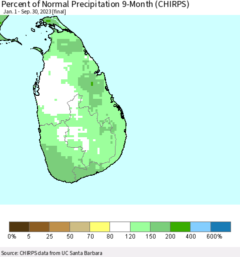 Sri Lanka Percent of Normal Precipitation 9-Month (CHIRPS) Thematic Map For 1/1/2023 - 9/30/2023