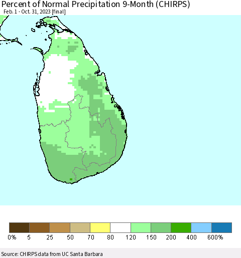Sri Lanka Percent of Normal Precipitation 9-Month (CHIRPS) Thematic Map For 2/1/2023 - 10/31/2023