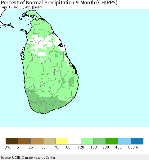 Sri Lanka Percent of Normal Precipitation 9-Month (CHIRPS) Thematic Map For 4/1/2023 - 12/31/2023