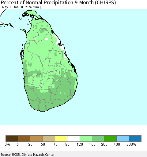 Sri Lanka Percent of Normal Precipitation 9-Month (CHIRPS) Thematic Map For 5/1/2023 - 1/31/2024