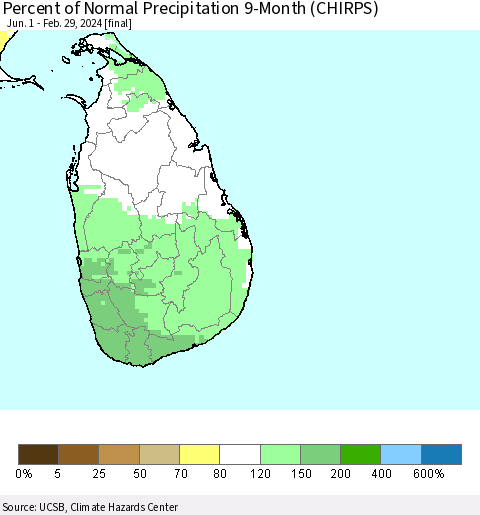 Sri Lanka Percent of Normal Precipitation 9-Month (CHIRPS) Thematic Map For 6/1/2023 - 2/29/2024