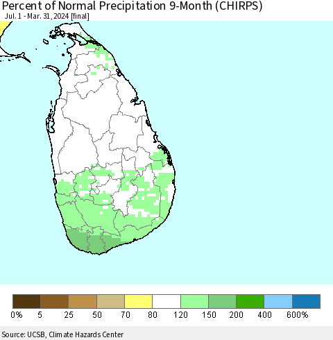 Sri Lanka Percent of Normal Precipitation 9-Month (CHIRPS) Thematic Map For 7/1/2023 - 3/31/2024