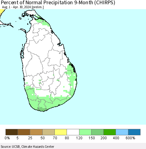 Sri Lanka Percent of Normal Precipitation 9-Month (CHIRPS) Thematic Map For 8/1/2023 - 4/30/2024