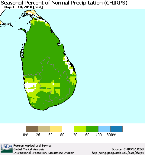 Sri Lanka Seasonal Percent of Normal Precipitation (CHIRPS) Thematic Map For 5/1/2018 - 5/10/2018
