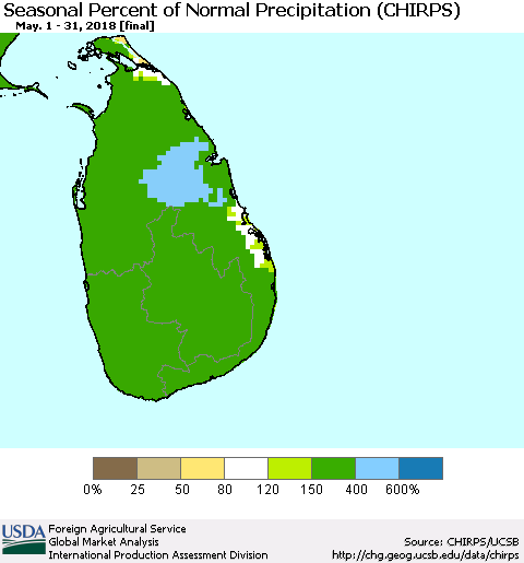 Sri Lanka Seasonal Percent of Normal Precipitation (CHIRPS) Thematic Map For 5/1/2018 - 5/31/2018