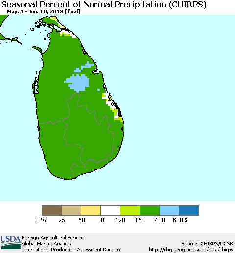 Sri Lanka Seasonal Percent of Normal Precipitation (CHIRPS) Thematic Map For 5/1/2018 - 6/10/2018