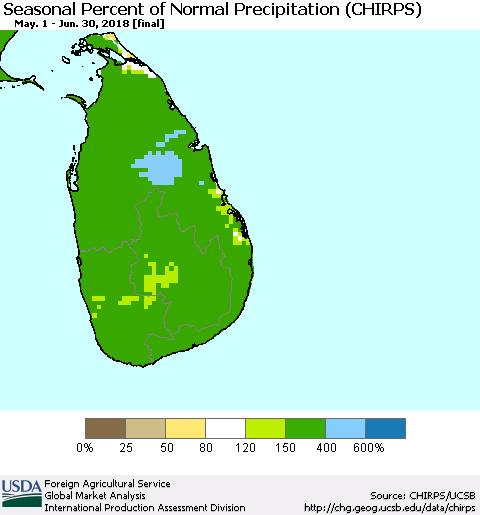Sri Lanka Seasonal Percent of Normal Precipitation (CHIRPS) Thematic Map For 5/1/2018 - 6/30/2018
