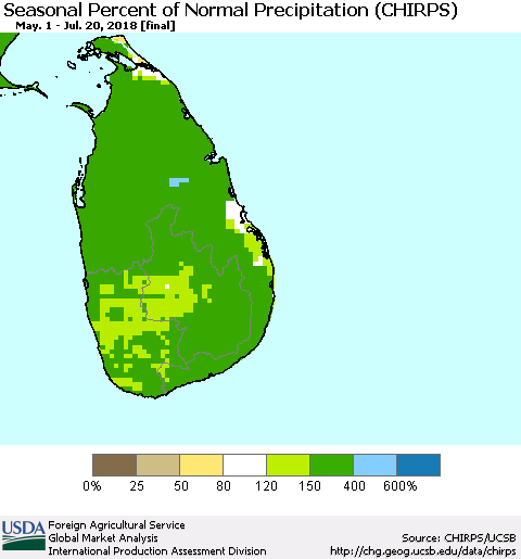 Sri Lanka Seasonal Percent of Normal Precipitation (CHIRPS) Thematic Map For 5/1/2018 - 7/20/2018