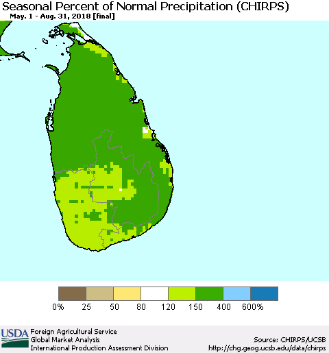 Sri Lanka Seasonal Percent of Normal Precipitation (CHIRPS) Thematic Map For 5/1/2018 - 8/31/2018