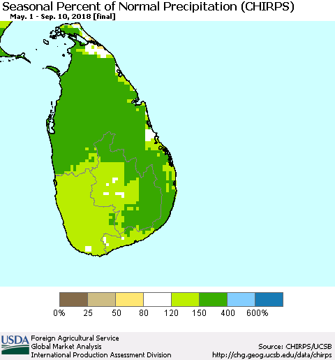 Sri Lanka Seasonal Percent of Normal Precipitation (CHIRPS) Thematic Map For 5/1/2018 - 9/10/2018