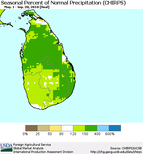Sri Lanka Seasonal Percent of Normal Precipitation (CHIRPS) Thematic Map For 5/1/2018 - 9/20/2018