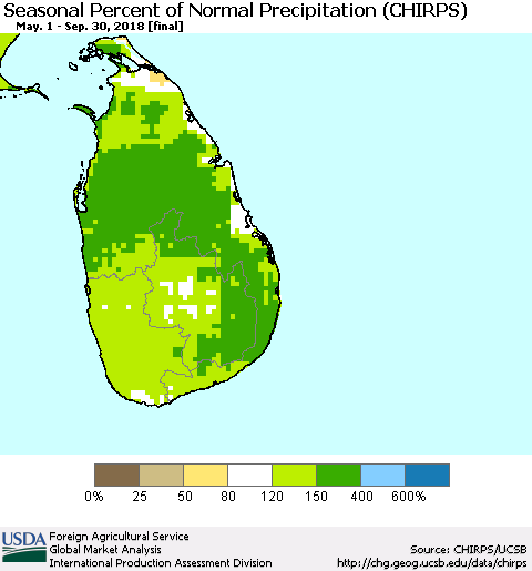 Sri Lanka Seasonal Percent of Normal Precipitation (CHIRPS) Thematic Map For 5/1/2018 - 9/30/2018