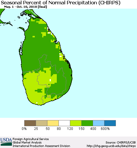 Sri Lanka Seasonal Percent of Normal Precipitation (CHIRPS) Thematic Map For 5/1/2018 - 10/10/2018