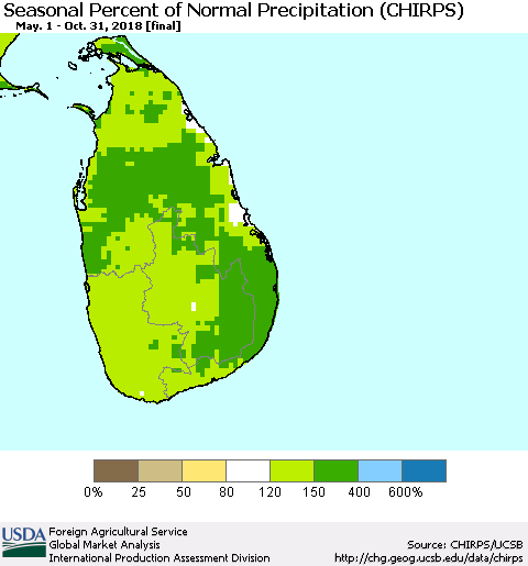 Sri Lanka Seasonal Percent of Normal Precipitation (CHIRPS) Thematic Map For 5/1/2018 - 10/31/2018
