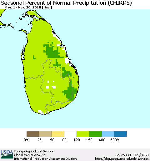 Sri Lanka Seasonal Percent of Normal Precipitation (CHIRPS) Thematic Map For 5/1/2018 - 11/20/2018