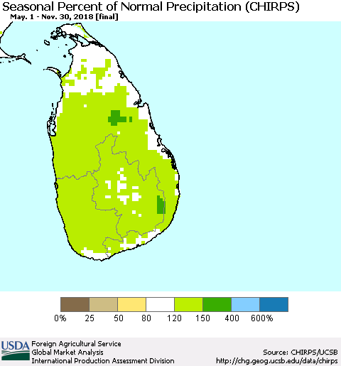 Sri Lanka Seasonal Percent of Normal Precipitation (CHIRPS) Thematic Map For 5/1/2018 - 11/30/2018