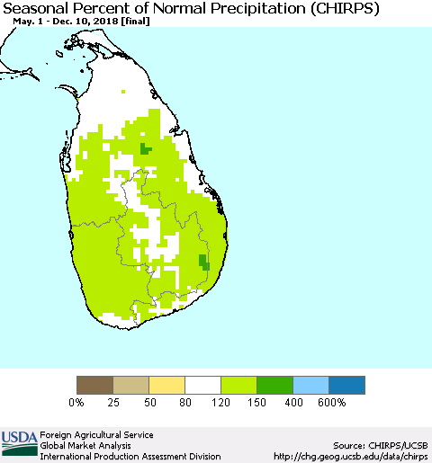 Sri Lanka Seasonal Percent of Normal Precipitation (CHIRPS) Thematic Map For 5/1/2018 - 12/10/2018