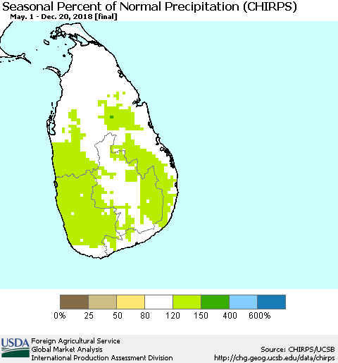 Sri Lanka Seasonal Percent of Normal Precipitation (CHIRPS) Thematic Map For 5/1/2018 - 12/20/2018