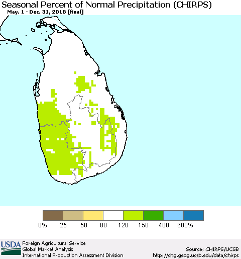 Sri Lanka Seasonal Percent of Normal Precipitation (CHIRPS) Thematic Map For 5/1/2018 - 12/31/2018