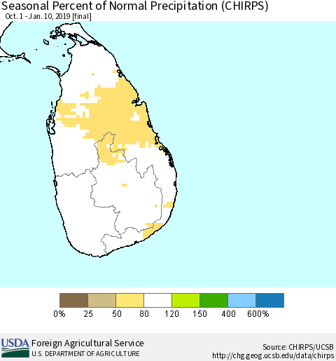 Sri Lanka Seasonal Percent of Normal Precipitation (CHIRPS) Thematic Map For 10/1/2018 - 1/10/2019