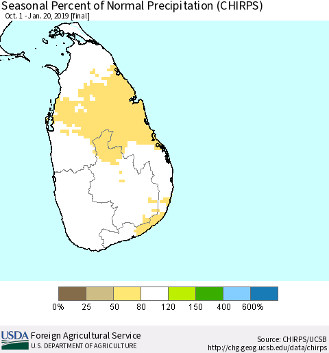 Sri Lanka Seasonal Percent of Normal Precipitation (CHIRPS) Thematic Map For 10/1/2018 - 1/20/2019