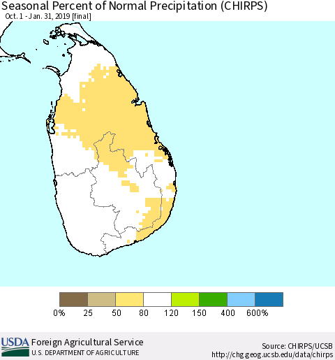 Sri Lanka Seasonal Percent of Normal Precipitation (CHIRPS) Thematic Map For 10/1/2018 - 1/31/2019