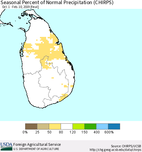 Sri Lanka Seasonal Percent of Normal Precipitation (CHIRPS) Thematic Map For 10/1/2018 - 2/10/2019