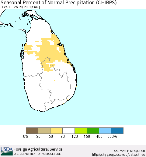 Sri Lanka Seasonal Percent of Normal Precipitation (CHIRPS) Thematic Map For 10/1/2018 - 2/20/2019