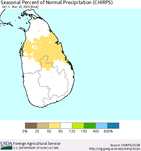 Sri Lanka Seasonal Percent of Normal Precipitation (CHIRPS) Thematic Map For 10/1/2018 - 3/10/2019
