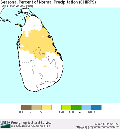Sri Lanka Seasonal Percent of Normal Precipitation (CHIRPS) Thematic Map For 10/1/2018 - 3/20/2019