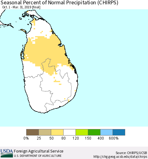 Sri Lanka Seasonal Percent of Normal Precipitation (CHIRPS) Thematic Map For 10/1/2018 - 3/31/2019