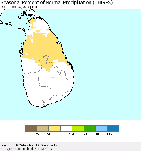 Sri Lanka Seasonal Percent of Normal Precipitation (CHIRPS) Thematic Map For 10/1/2018 - 4/30/2019