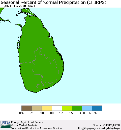 Sri Lanka Seasonal Percent of Normal Precipitation (CHIRPS) Thematic Map For 10/1/2018 - 10/10/2018