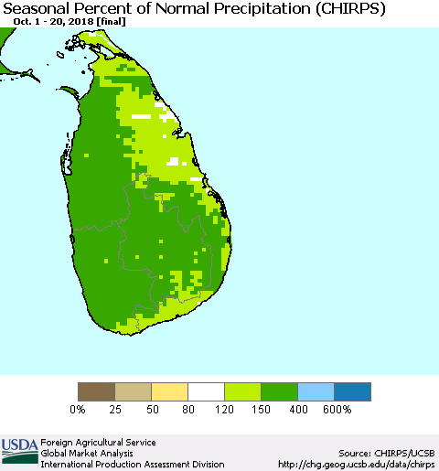 Sri Lanka Seasonal Percent of Normal Precipitation (CHIRPS) Thematic Map For 10/1/2018 - 10/20/2018