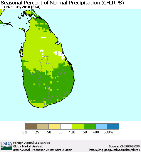 Sri Lanka Seasonal Percent of Normal Precipitation (CHIRPS) Thematic Map For 10/1/2018 - 10/31/2018