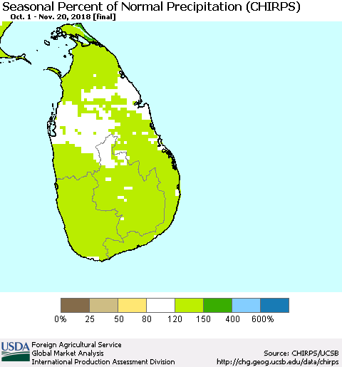 Sri Lanka Seasonal Percent of Normal Precipitation (CHIRPS) Thematic Map For 10/1/2018 - 11/20/2018