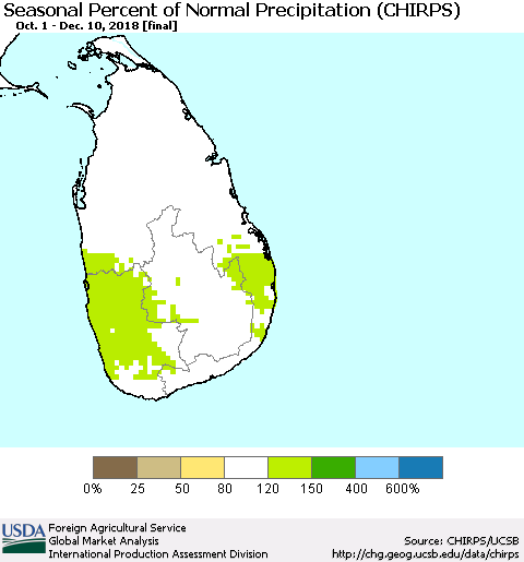 Sri Lanka Seasonal Percent of Normal Precipitation (CHIRPS) Thematic Map For 10/1/2018 - 12/10/2018