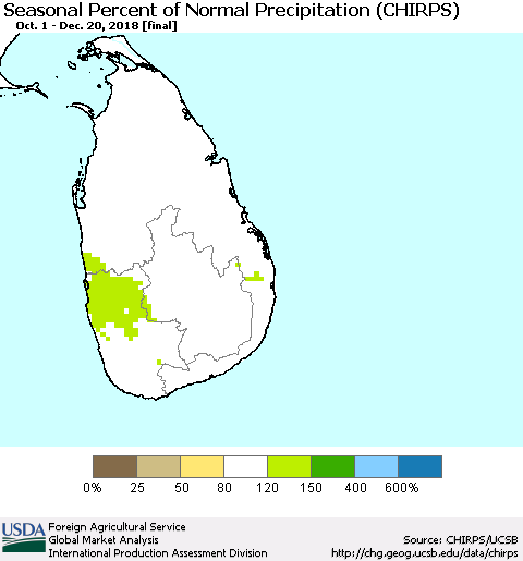 Sri Lanka Seasonal Percent of Normal Precipitation (CHIRPS) Thematic Map For 10/1/2018 - 12/20/2018