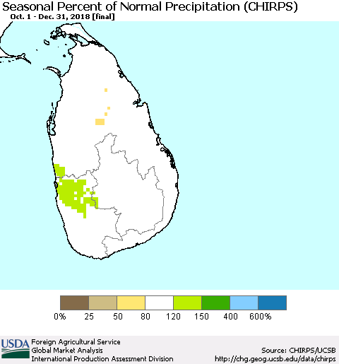 Sri Lanka Seasonal Percent of Normal Precipitation (CHIRPS) Thematic Map For 10/1/2018 - 12/31/2018