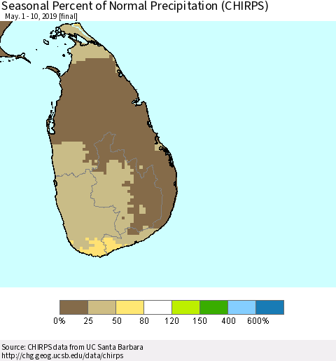 Sri Lanka Seasonal Percent of Normal Precipitation (CHIRPS) Thematic Map For 5/1/2019 - 5/10/2019