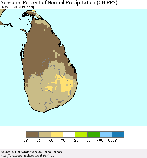 Sri Lanka Seasonal Percent of Normal Precipitation (CHIRPS) Thematic Map For 5/1/2019 - 5/20/2019