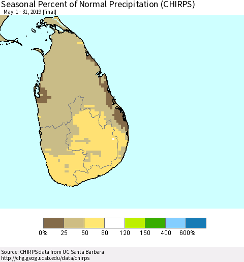 Sri Lanka Seasonal Percent of Normal Precipitation (CHIRPS) Thematic Map For 5/1/2019 - 5/31/2019