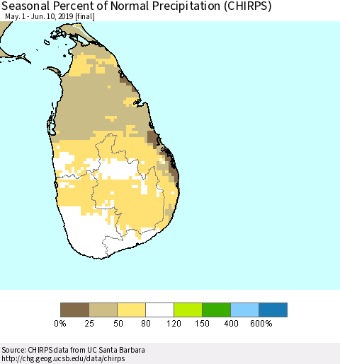 Sri Lanka Seasonal Percent of Normal Precipitation (CHIRPS) Thematic Map For 5/1/2019 - 6/10/2019