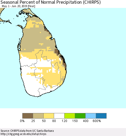 Sri Lanka Seasonal Percent of Normal Precipitation (CHIRPS) Thematic Map For 5/1/2019 - 6/20/2019