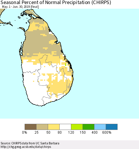 Sri Lanka Seasonal Percent of Normal Precipitation (CHIRPS) Thematic Map For 5/1/2019 - 6/30/2019