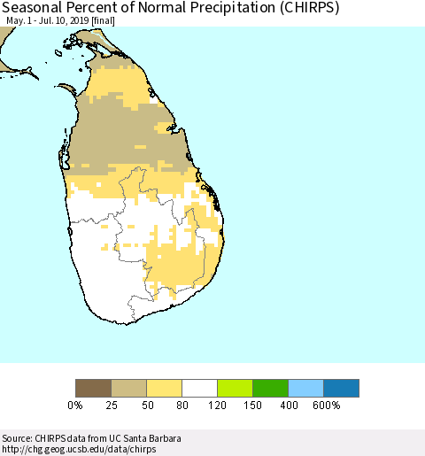 Sri Lanka Seasonal Percent of Normal Precipitation (CHIRPS) Thematic Map For 5/1/2019 - 7/10/2019