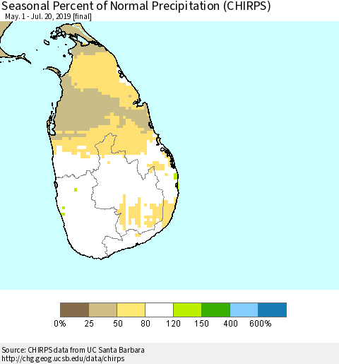 Sri Lanka Seasonal Percent of Normal Precipitation (CHIRPS) Thematic Map For 5/1/2019 - 7/20/2019