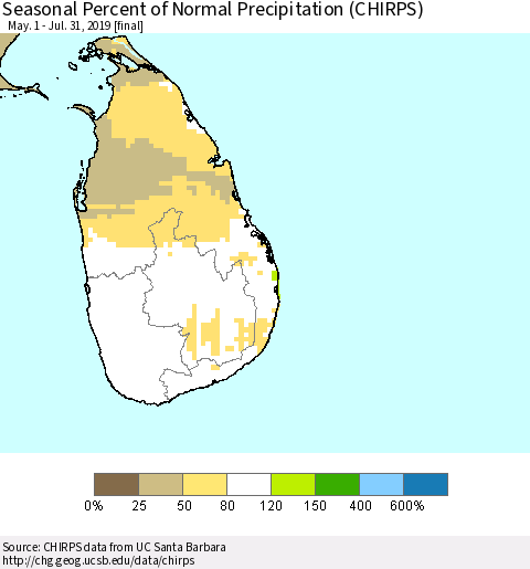 Sri Lanka Seasonal Percent of Normal Precipitation (CHIRPS) Thematic Map For 5/1/2019 - 7/31/2019