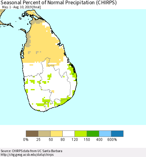 Sri Lanka Seasonal Percent of Normal Precipitation (CHIRPS) Thematic Map For 5/1/2019 - 8/10/2019