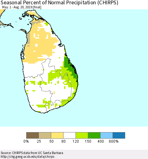 Sri Lanka Seasonal Percent of Normal Precipitation (CHIRPS) Thematic Map For 5/1/2019 - 8/20/2019